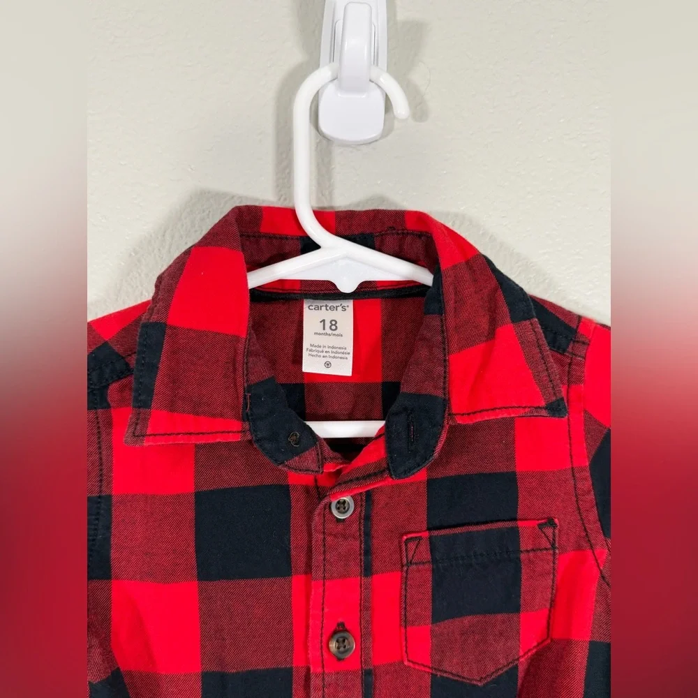 Carter's Onsie Collared Long Sleeve Red Black Checkered Lumberjack Toddler 18M